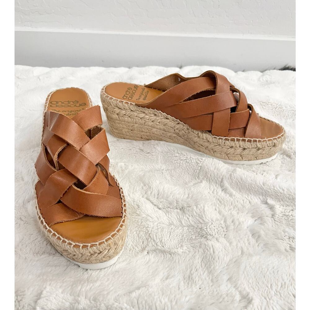 New Andre Assous The Original Espadrilles Sz 7 Brown Leather Spain Wedge Sandals